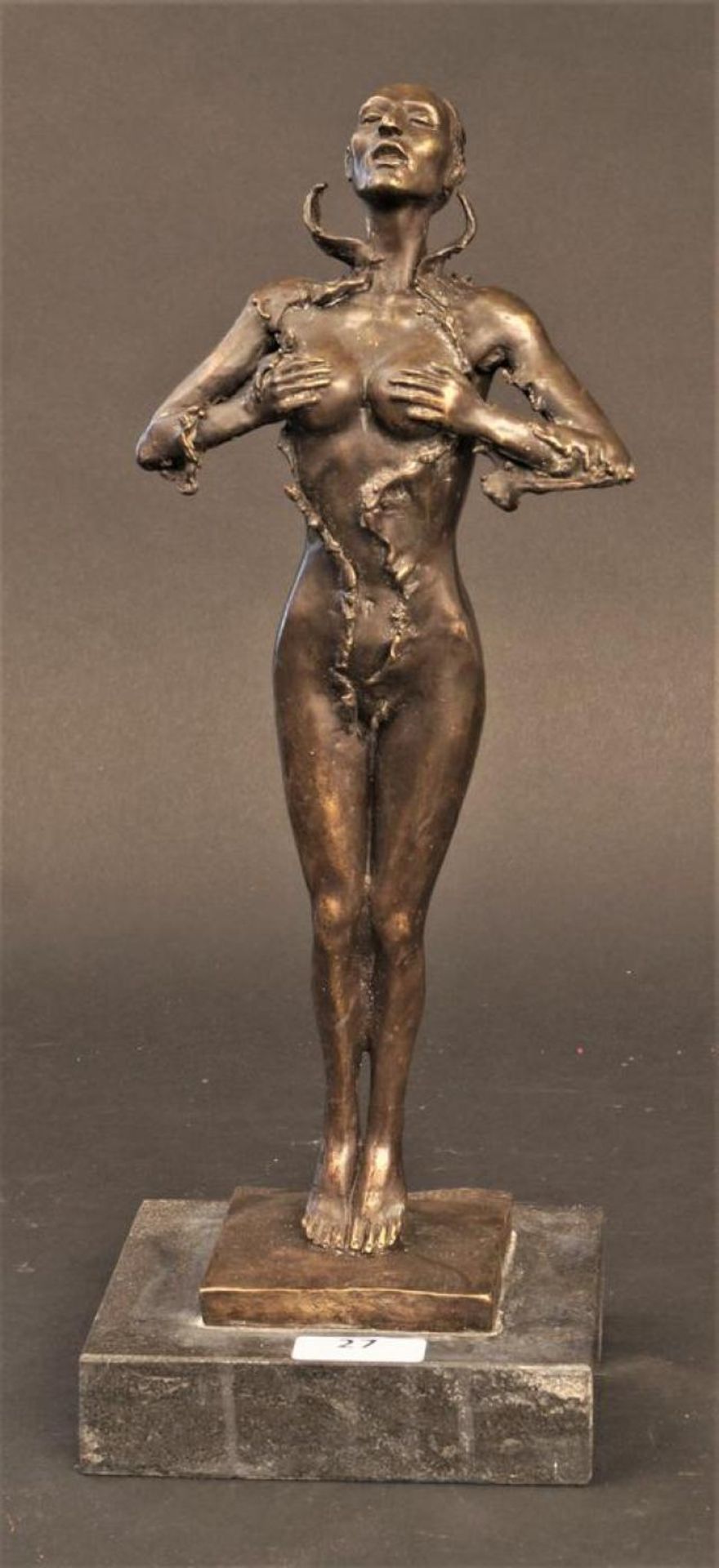 Bronze sculpture on marble base, Standing woman, h. 32 cm.