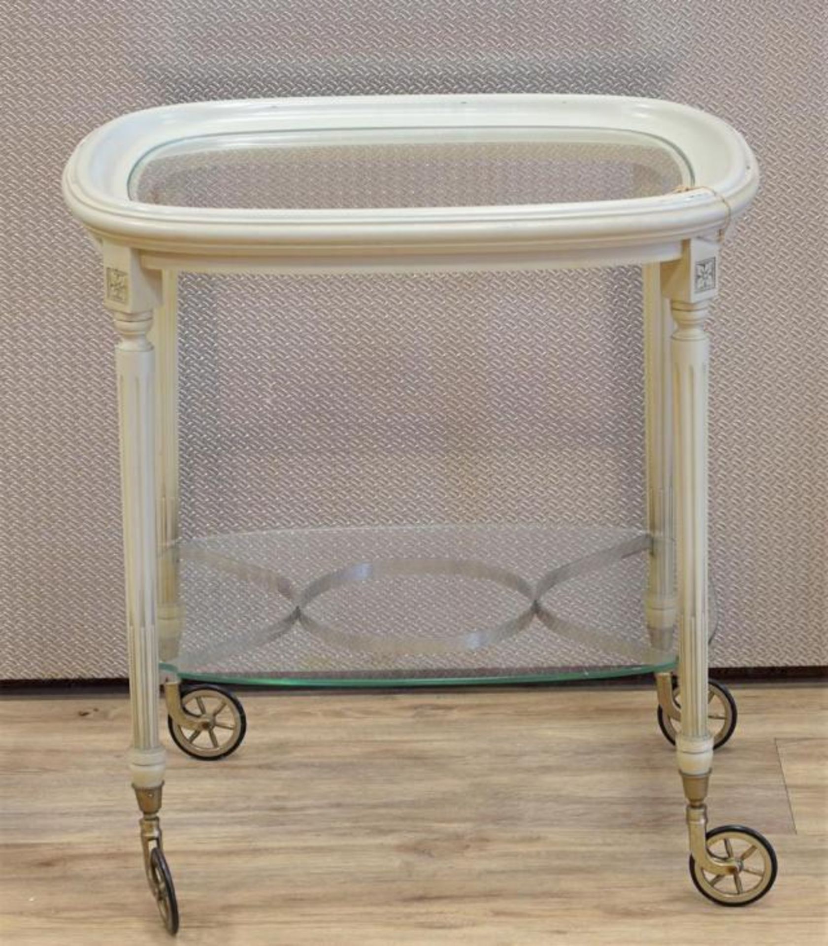 Serving table with glass top, dim. 64 x 61 x 48 cm.