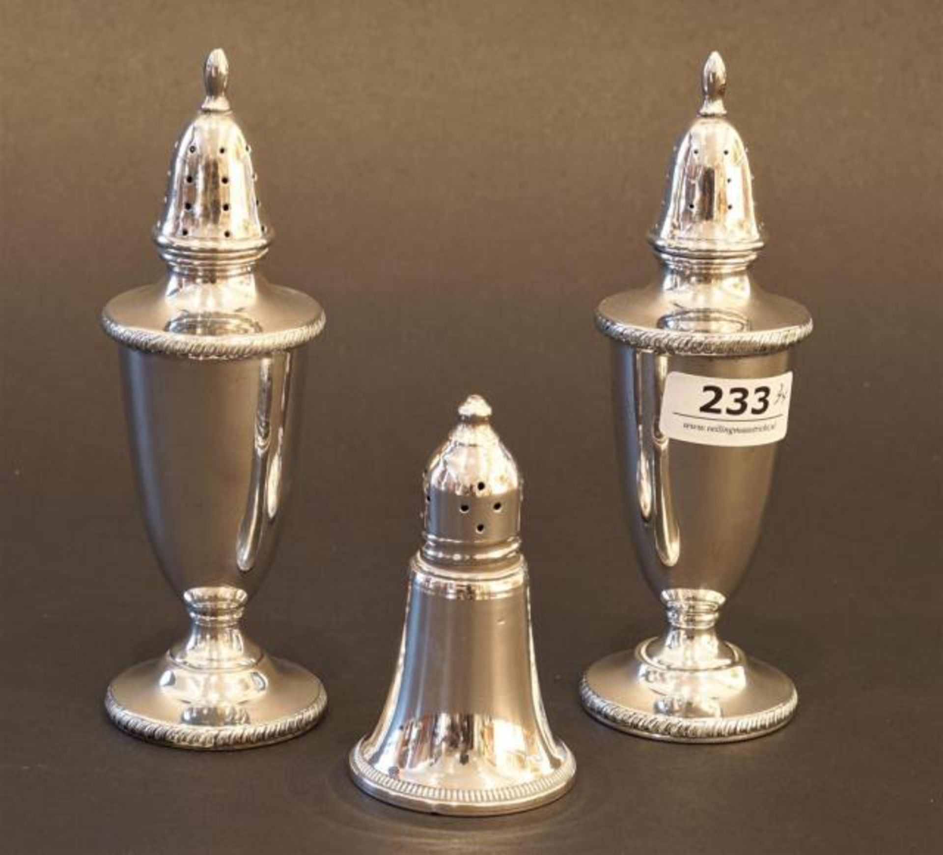 3 silver salt casters, sterling, various models, 1 x weighted, min. dents (3x)