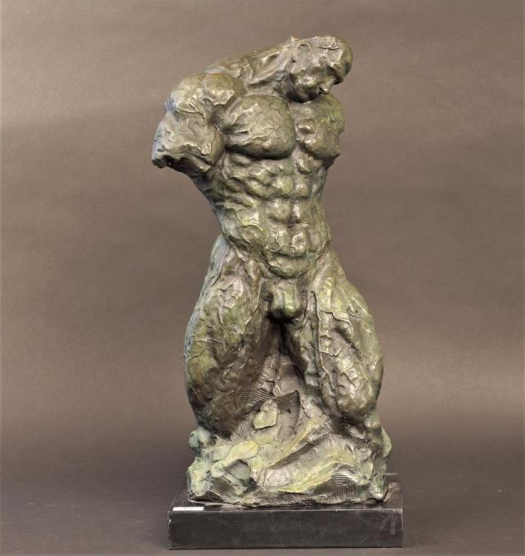 Bronze sculpture on marble base, Nude man, h. 50 cm.