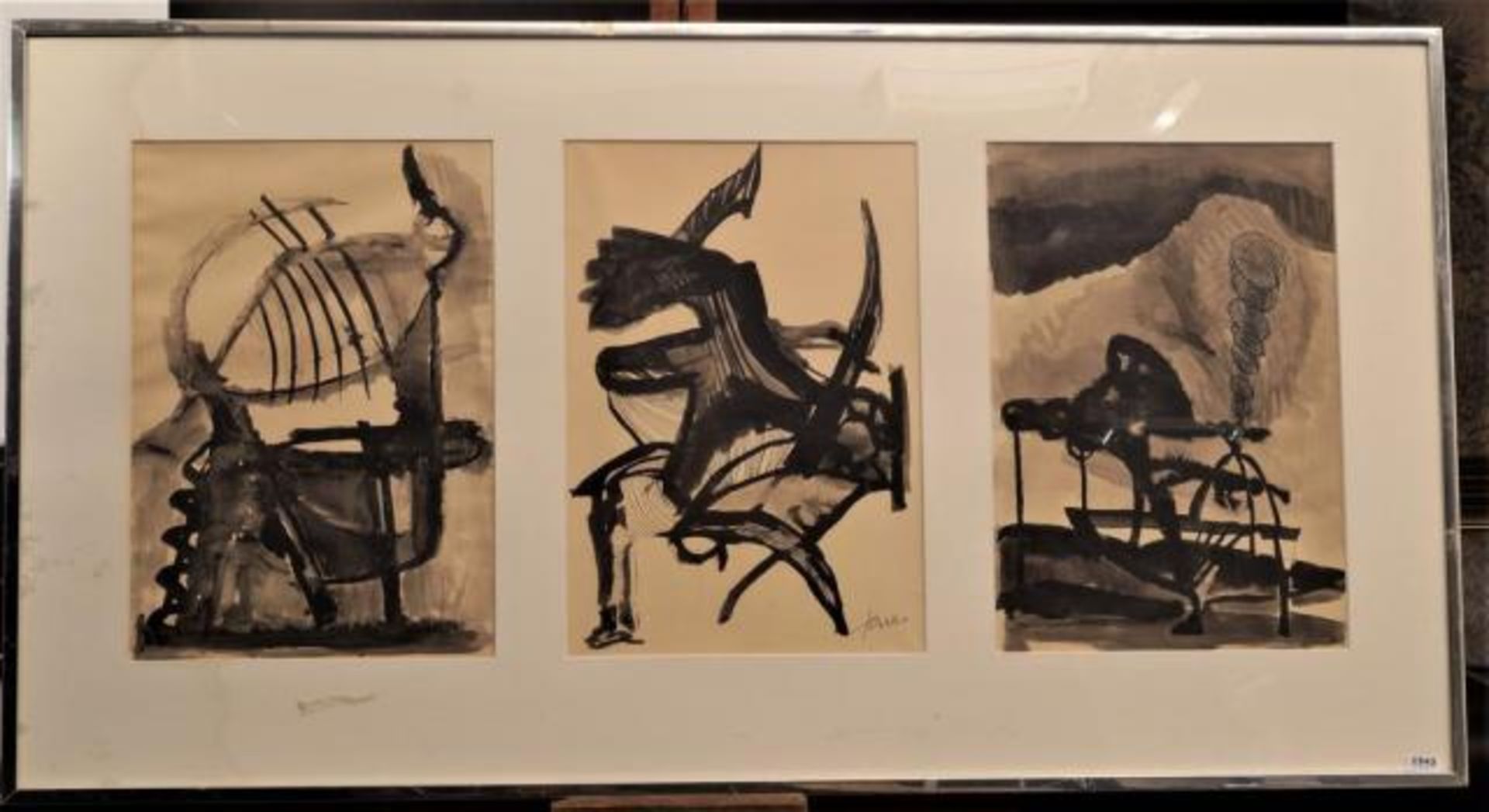 Three ink drawings, Abstract composition, sig. b.r., dim. 45 x 105 cm.