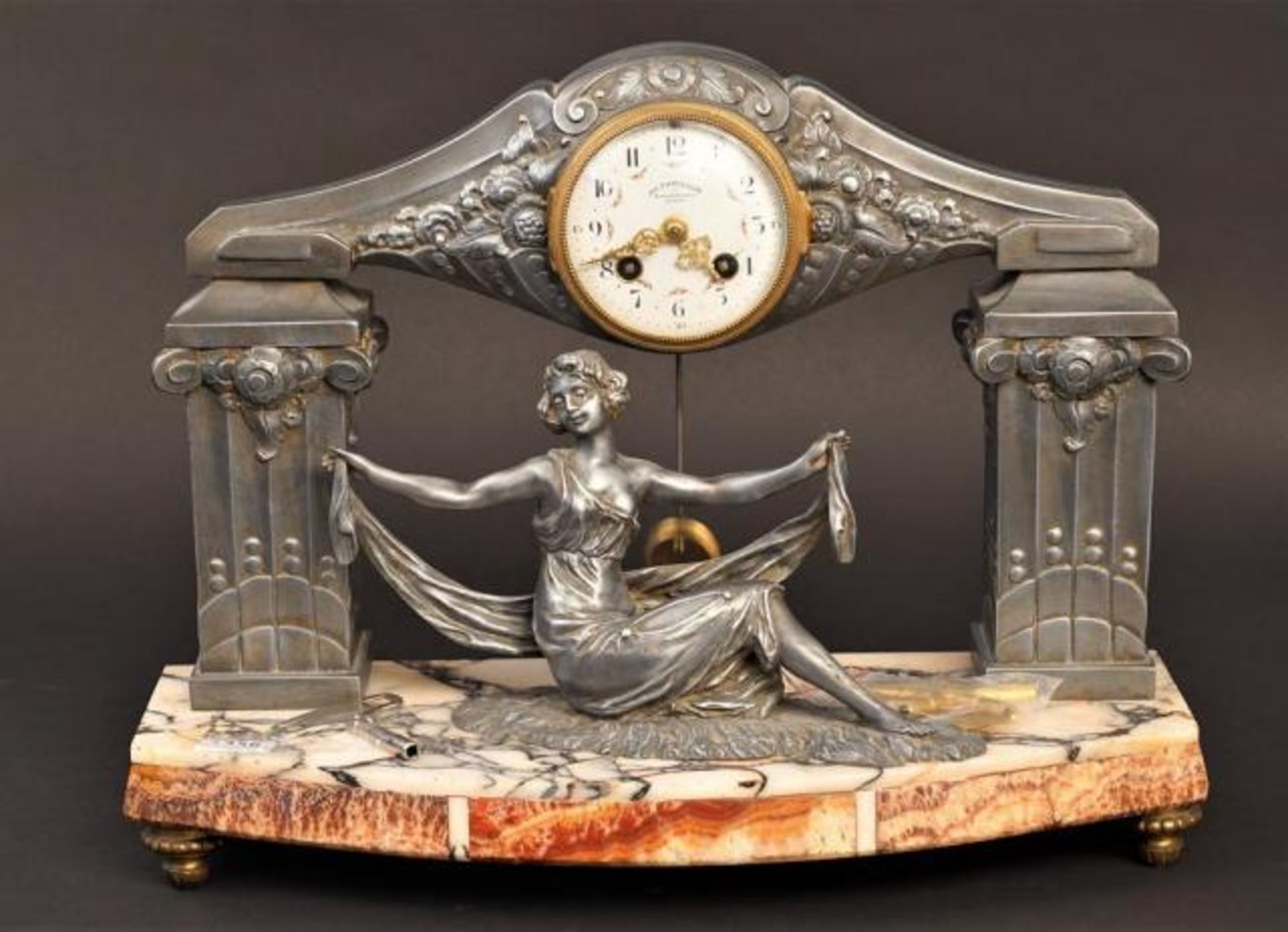 French pewter table clock on marble base, Amiens, dim. 37 x 43 cm.