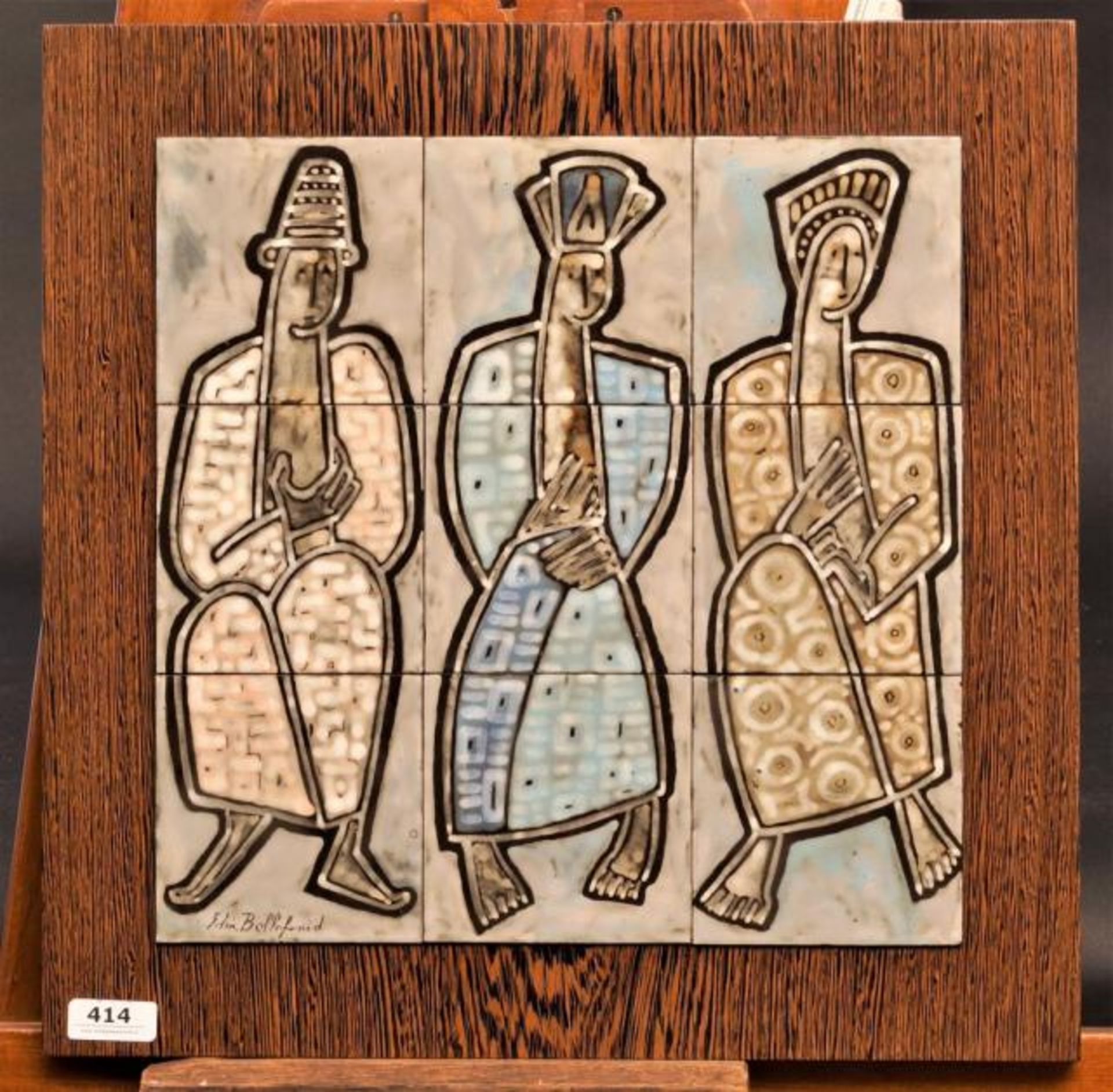 G.M.E. Bellefroid (1893-1971), Painted tile plateau, Figures, sig. b.l., dim. 29,5 x 22,5 cm.