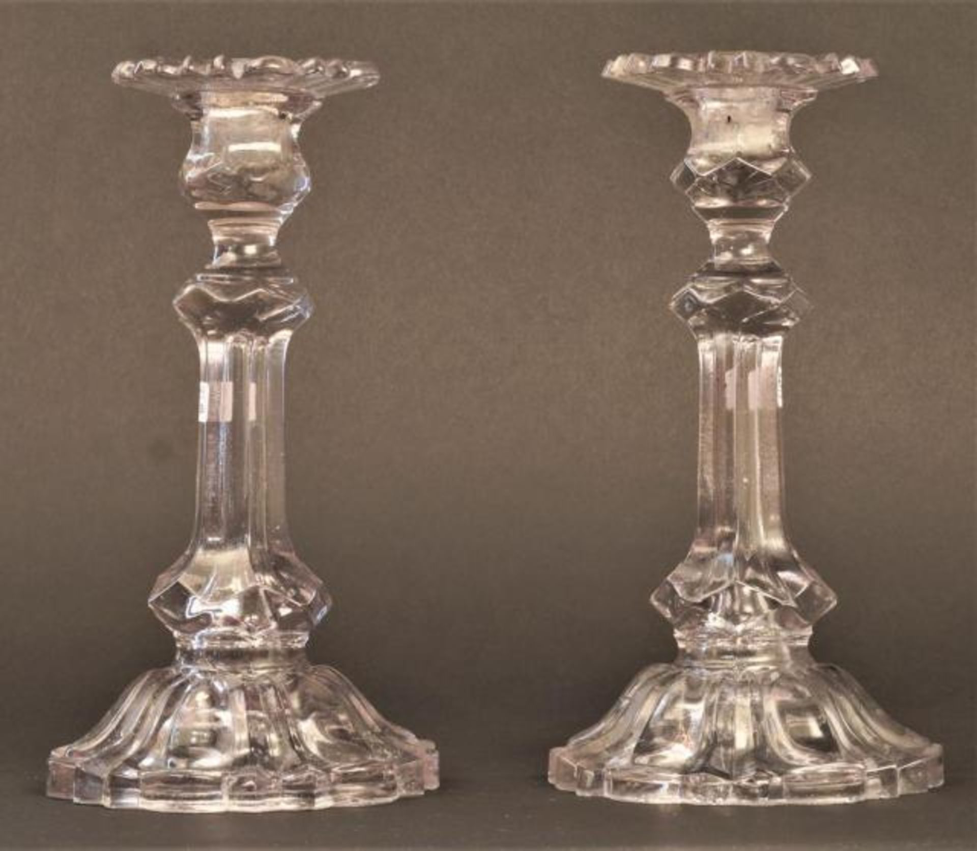 Two pressed glass candlesticks, h. 26 cm (2x)