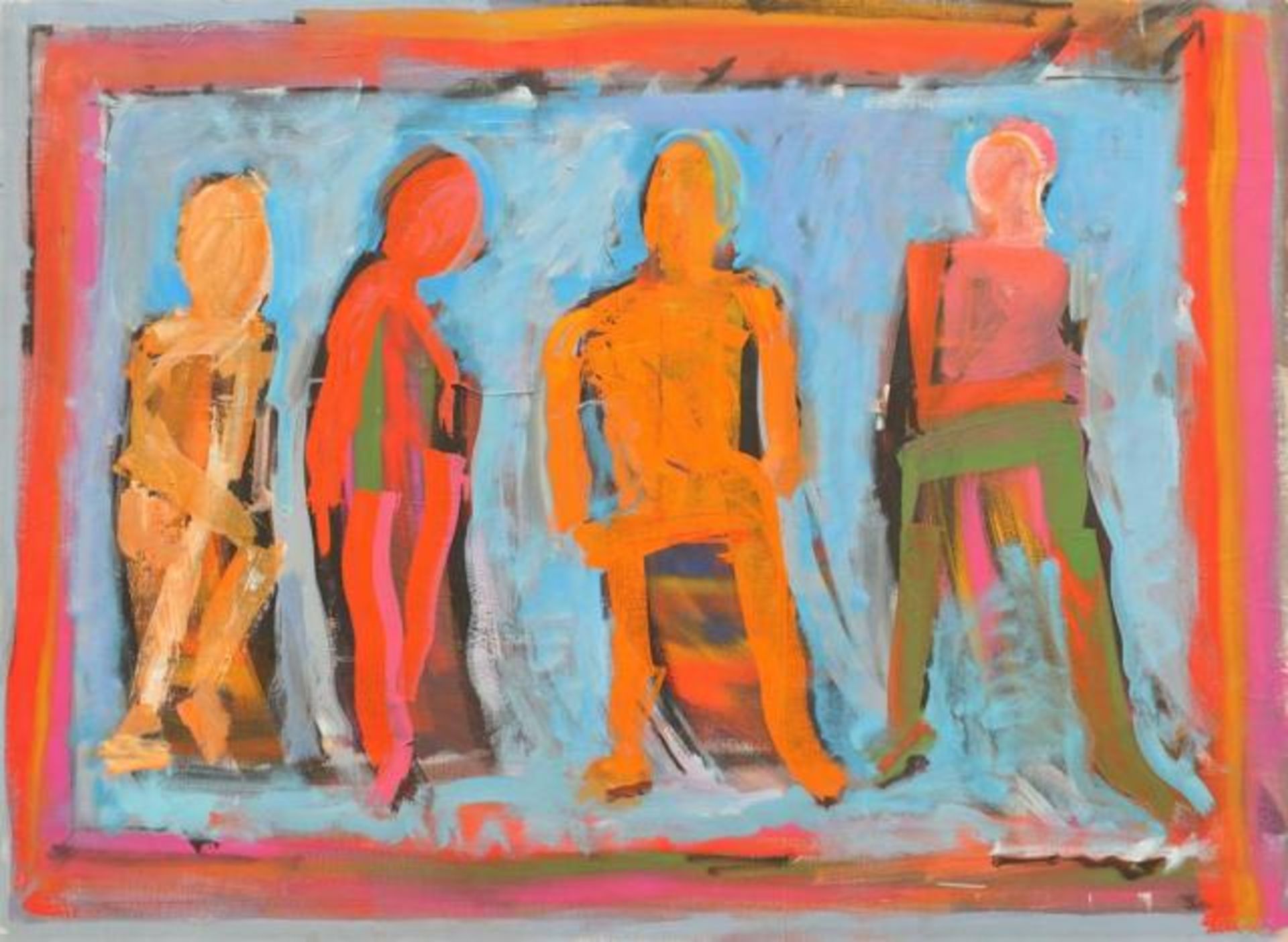 Frans Warringa (1933-2019), acrylic paint on canvas, Waiting room, dim. 96 x 130 cm.