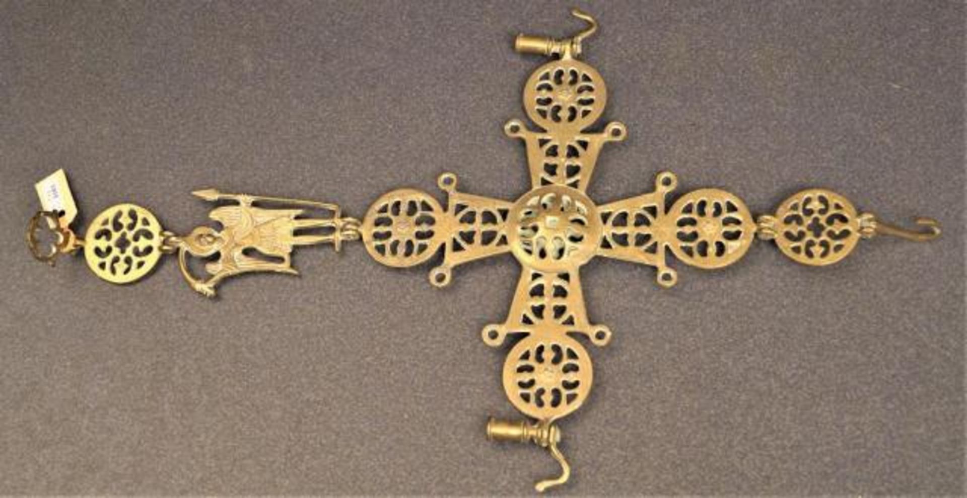 Copper Eastern/Orthodox cross with two candlesticks, l. 64 cm.