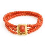 A Three Stand Red Coral Bracelet on 14KG Clasp