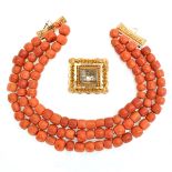 19th Century Three Strand Red Coral Necklace 14KG Clasp