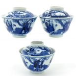 Three Blue and White Bowls with Covers