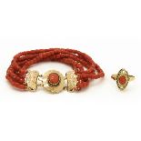 A Red Coral Bracelet and Ring Set in 14KG