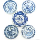 A Diverse Collection of Five Blue and White Plates