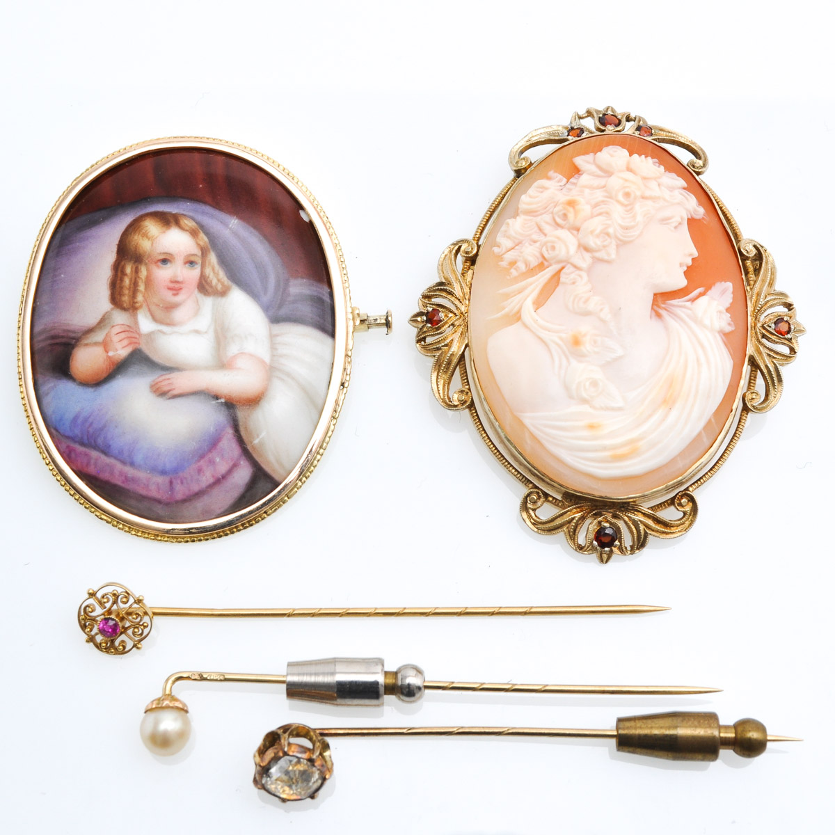 Two Cameo Brooch and Three Stick Pins