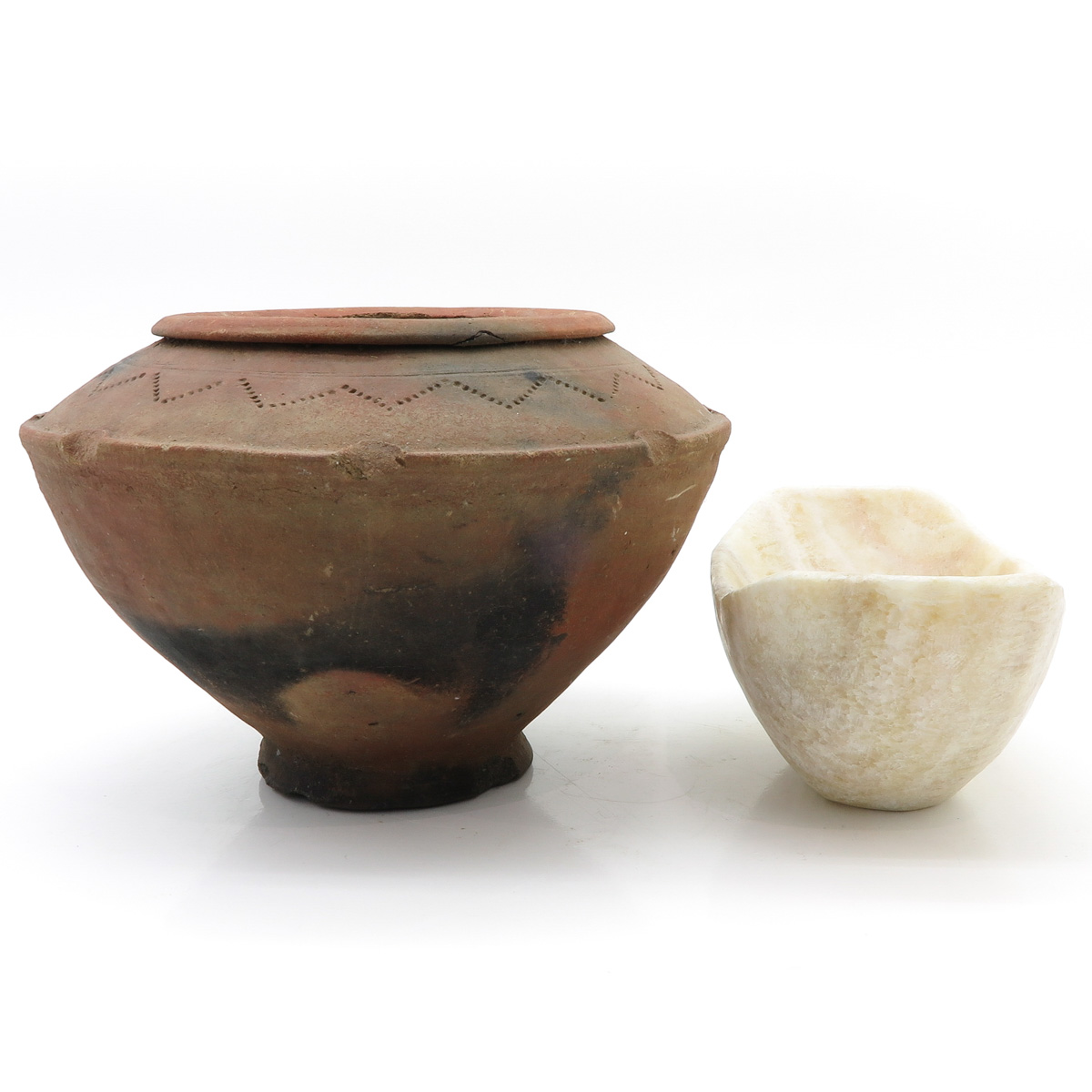 An Alabaster Bowl, Terracotta Vessel, and Candlestick - Image 3 of 5