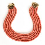 A 19th Century Five Strand Red Coral Necklace on 14KG