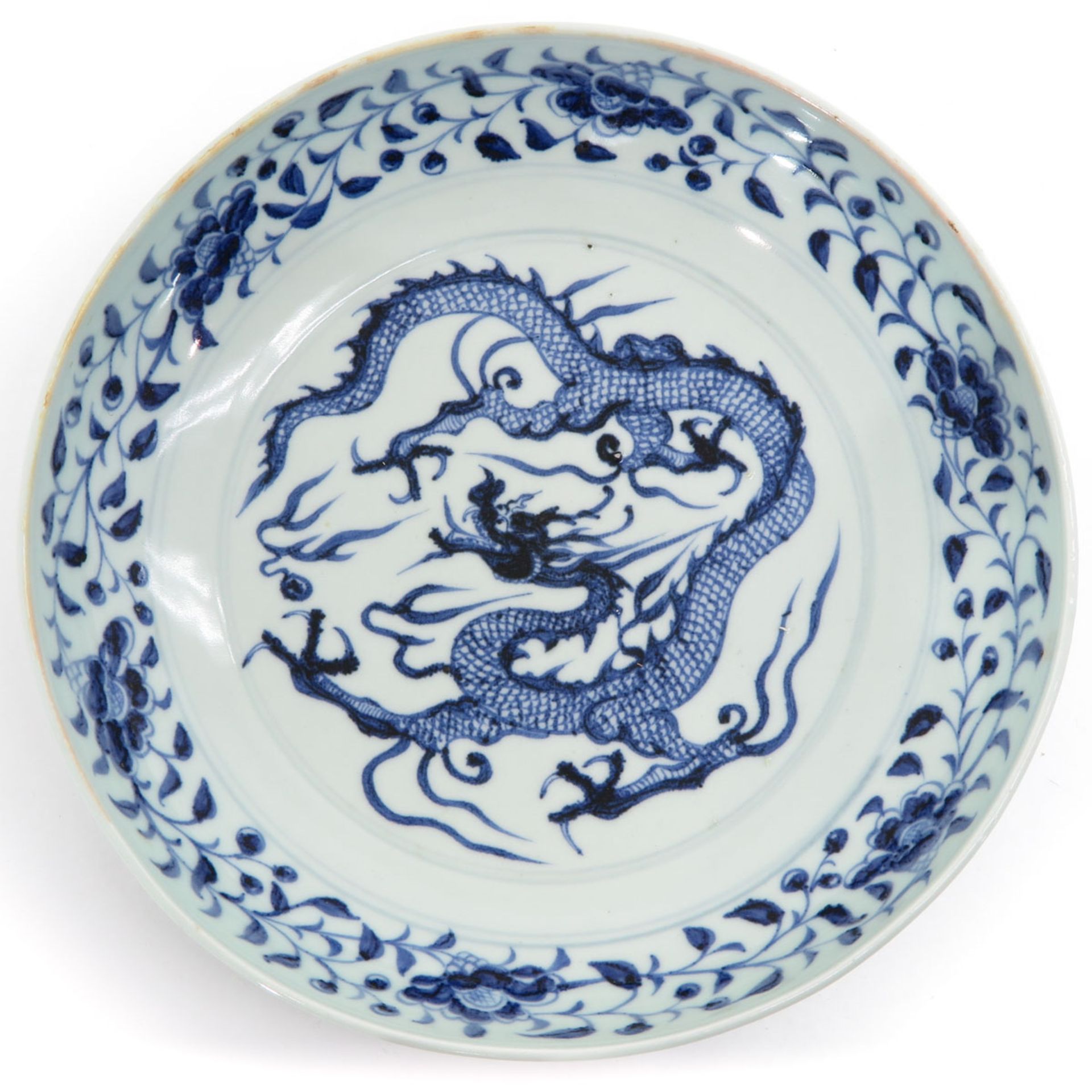 A Blue and White Dragon Plate