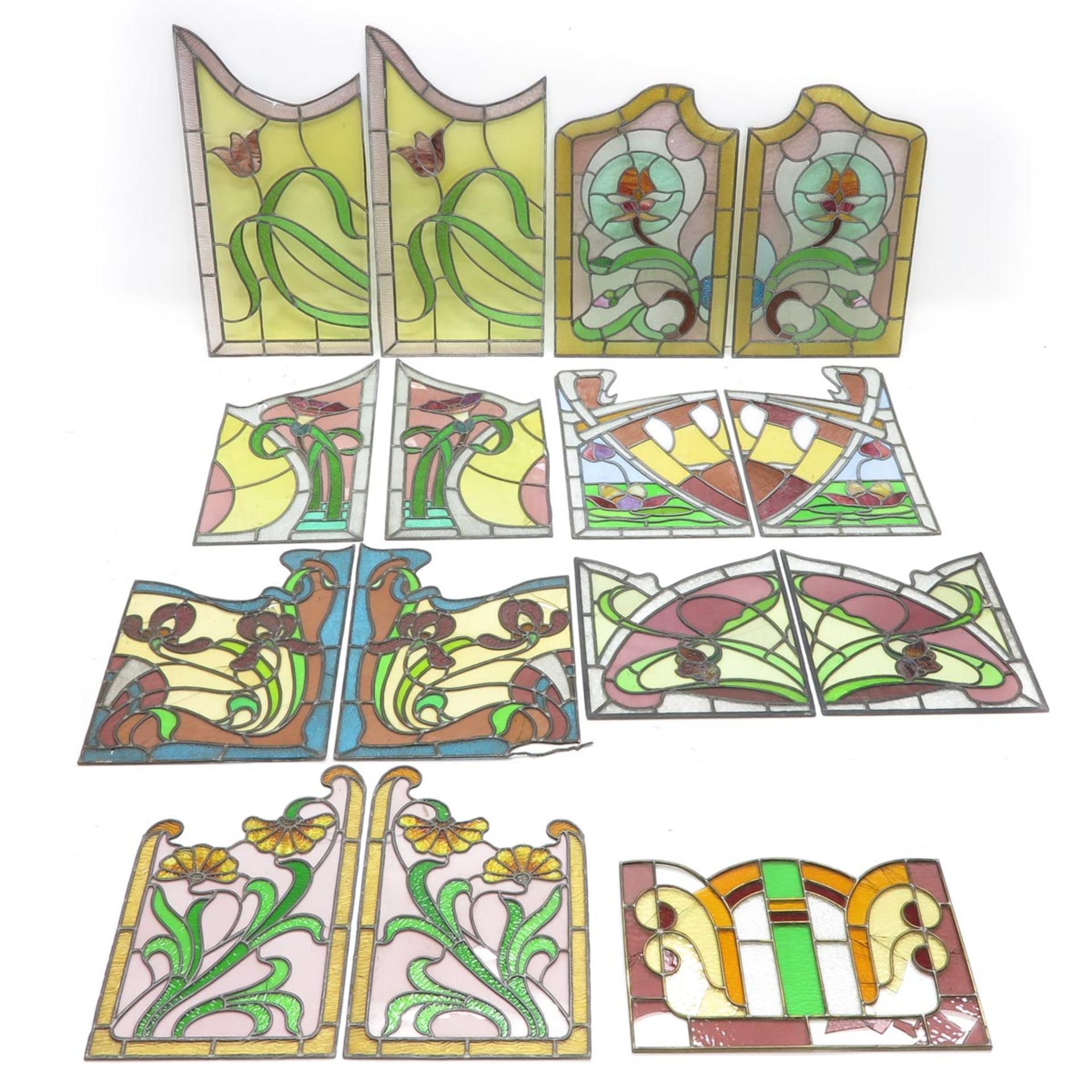 Collection of Fifteen Art Nouveau Stained Glass Panels