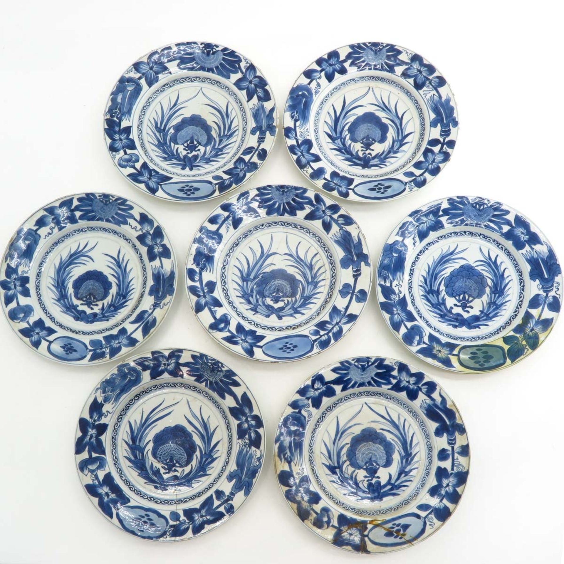 A Series of Seven Blue and White Plates