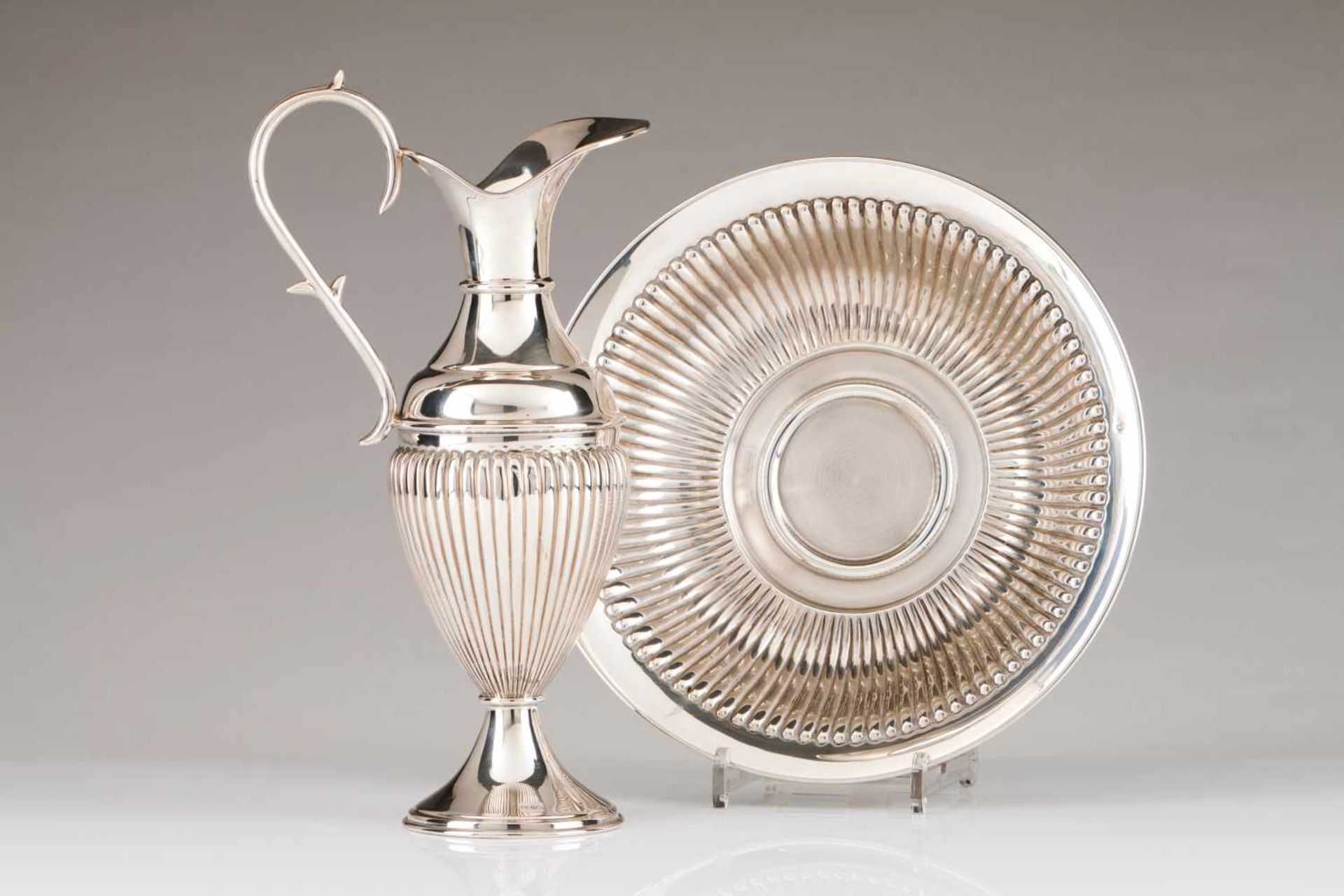 Ewer and basinPortuguese silverFluted decorationPorto assay mark (after 1985) and maker's mark(