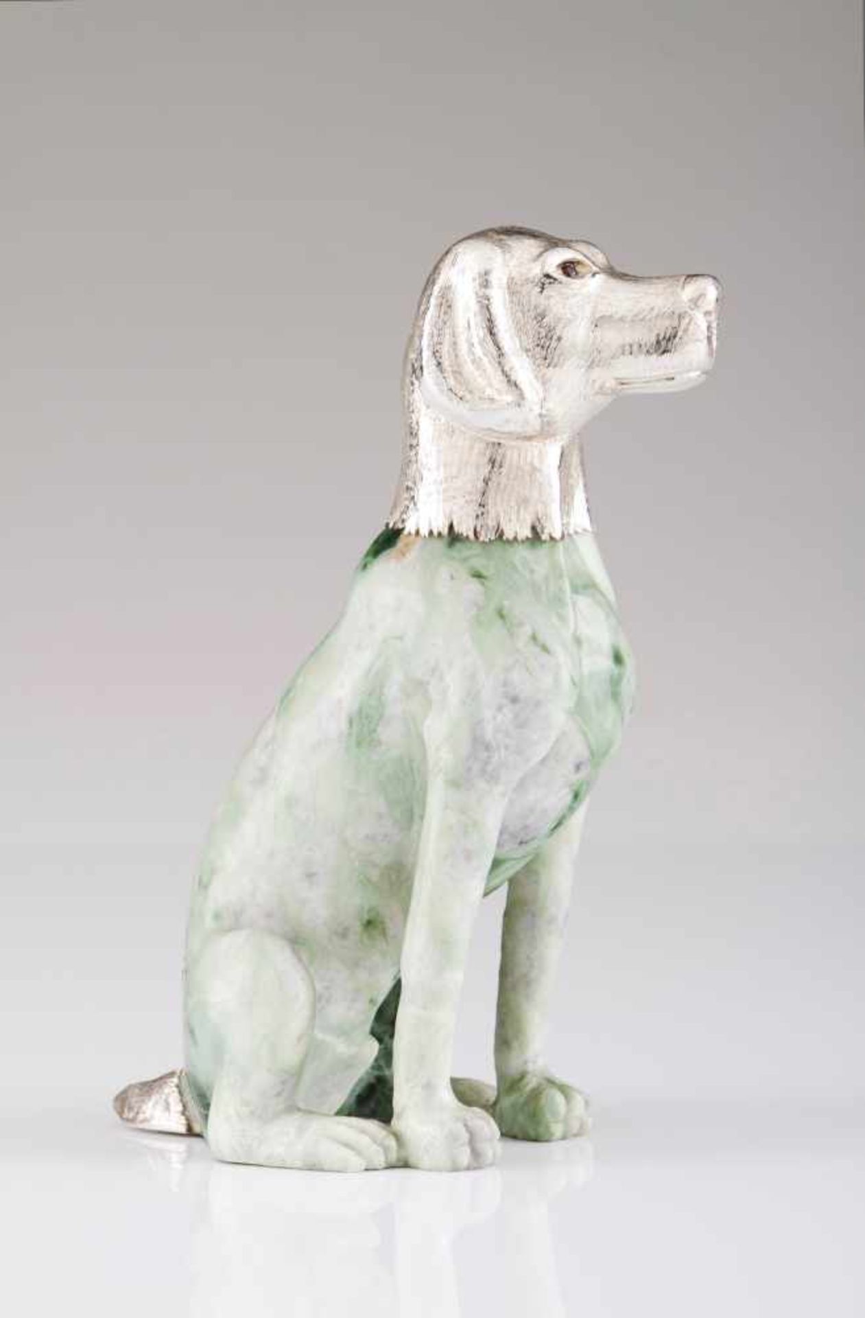 Dog, LUIZ FERREIRAA green pietra dura and Portuguese silver sculpture of a seated dogPorto assay