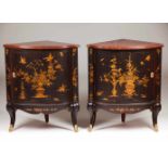 Pair of corner cupboardsBlack lacquered woodDecorated with gilt chinoiserie motifs with flower