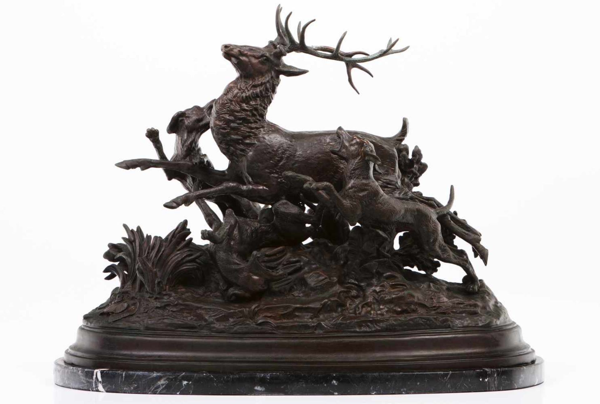 Edouard Delabierre (1829-1912)The deer huntPatinated bronze sculptural groupBlack marble