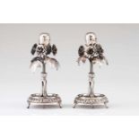 A pair of toothpick holdersSilverFoliage and flower decoration on a circular standOporto 925/000 "