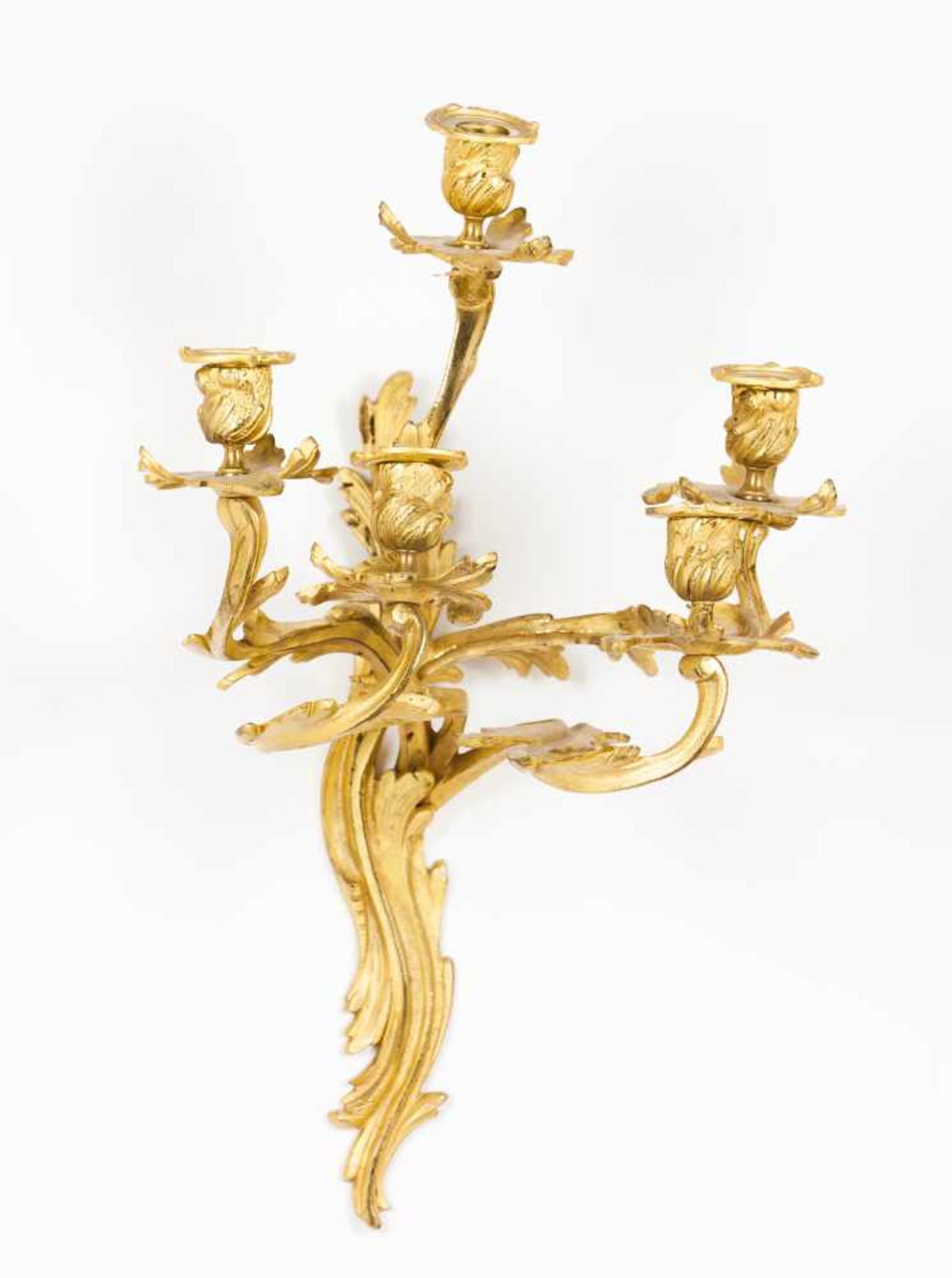 A pair of Louis XV five branch wall sconcesRaised and chiselled bronzeFrance, 20th C.50x40 cm - Image 2 of 2