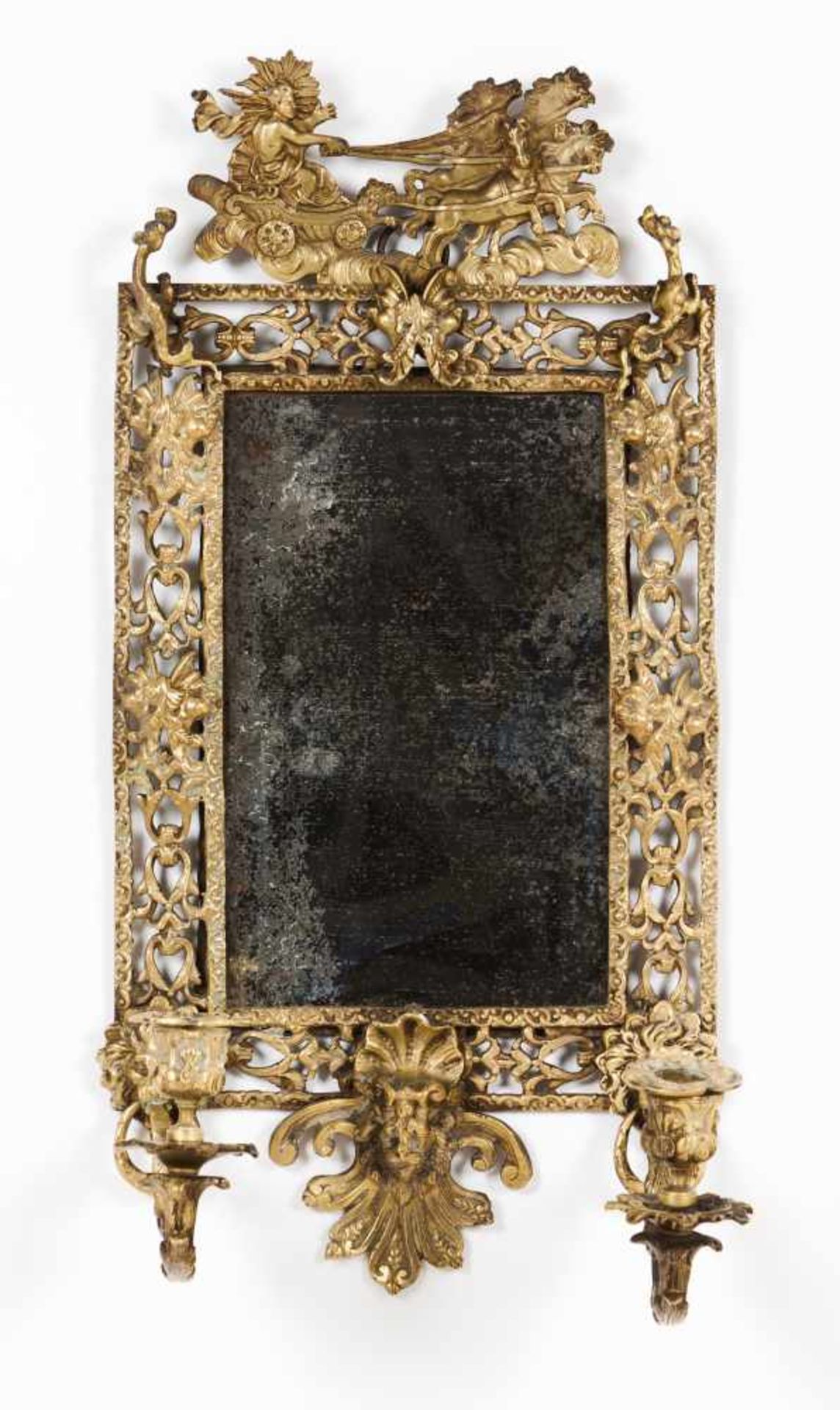 A two branch mirror / wall sconceIn gilt metalMoulded decoration of mythological figures,