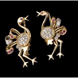 A pair of broochesSilver and goldDesigned as pair of wading birds set with small synthetic rubies