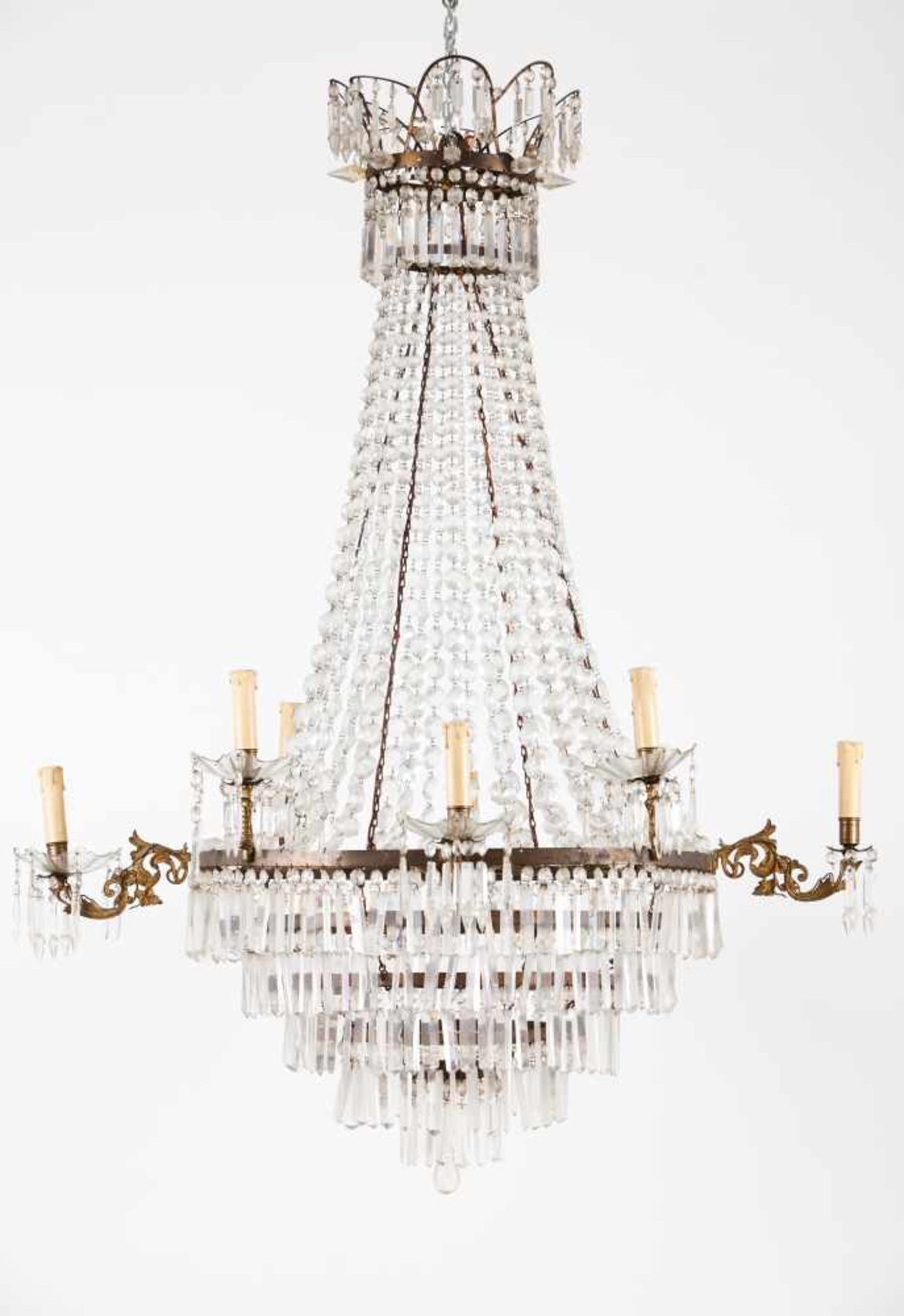 A D. Maria style chandelierCut-glass and crystal pendantsMetal structureEight-lightLate 19th,