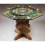 A centre tableOctagonal marble top with floral and foliage scroll "Pietra Dura" inlaysPainted and