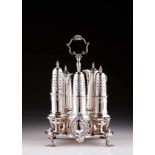 A rare D.José cruet setPoruguese 18th c. silverLobed stand on four shell feet, circular rings on