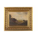 European School, 19th CenturyLandscape with house and figureOil on woodUnidentified signature, dated