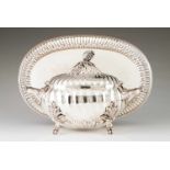 A large tureen and platterPortuguese silverScalloped and spiralled body with richly decorated