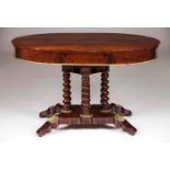 An oval centre tableMahogany and burr mahoganyTop adorned with gilt beeded friezeFour spiralled