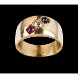 A ringPlain gold, set with 1 vintage round cut diamond (ca.0.12ct), 1 sapphire and 1 rubyUnmarked (
