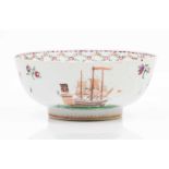 A punch bowlChinese export porcelainPolychrome and gilt decoration with flowers and a British flag