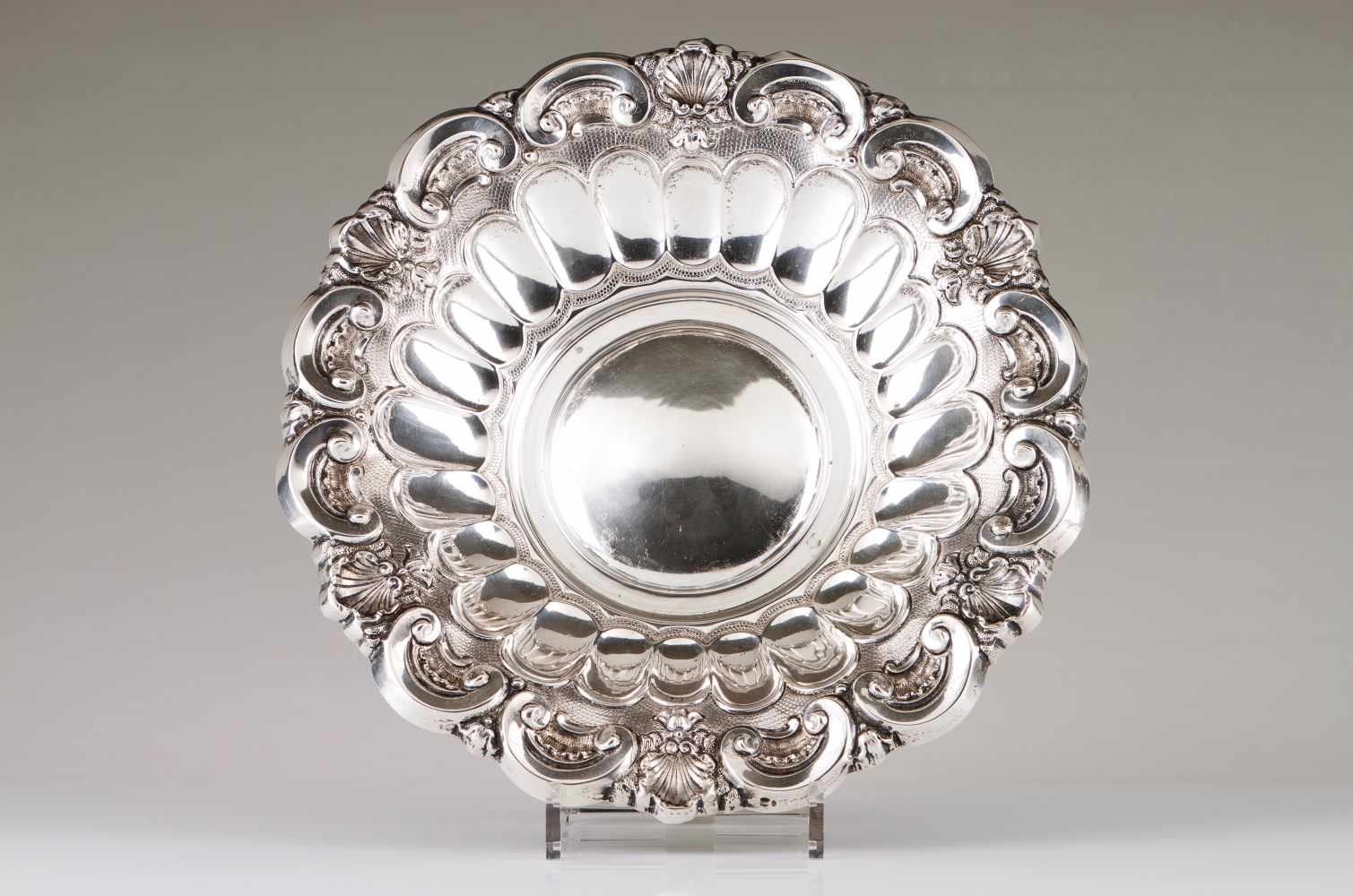 A fruit bowlPortuguese silverFluted tab decorated in relief with volutesPorto assay mark (1938-1984)