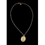 Chain with pendant, LEITÃO & IRMÃOGoldChain with blue beads, oval medallion with Our Lady of