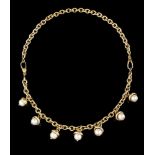 Necklace/ bracelets, H. STERN18kt goldOval link chain, with seven gold and cultured pearl