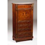 A Napoleon III style drop-leaf deskRosewood veneered with marquetry decorationFive drawersDrop-