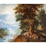 Flemish school of the 17th centuryLandscape with river, houses and figures on horsebackAfter a Jan