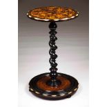 A small side tableVarious timbers and ivory marquetry workFoliage scroll decorated top and