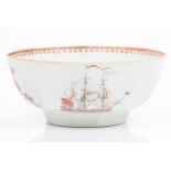 A punch bowlChinese export porcelainPolychrome "Famille Rose" enamels decoration with ships and