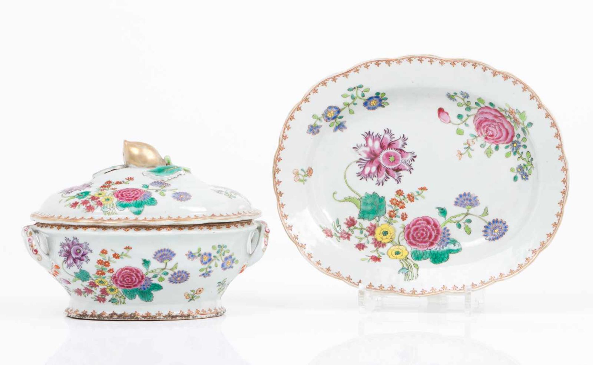 A pair of tureens and plattersChinese export porcelain"Famille Rose" and gilt floral decorationFruit