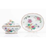 A pair of tureens and plattersChinese export porcelain"Famille Rose" and gilt floral decorationFruit
