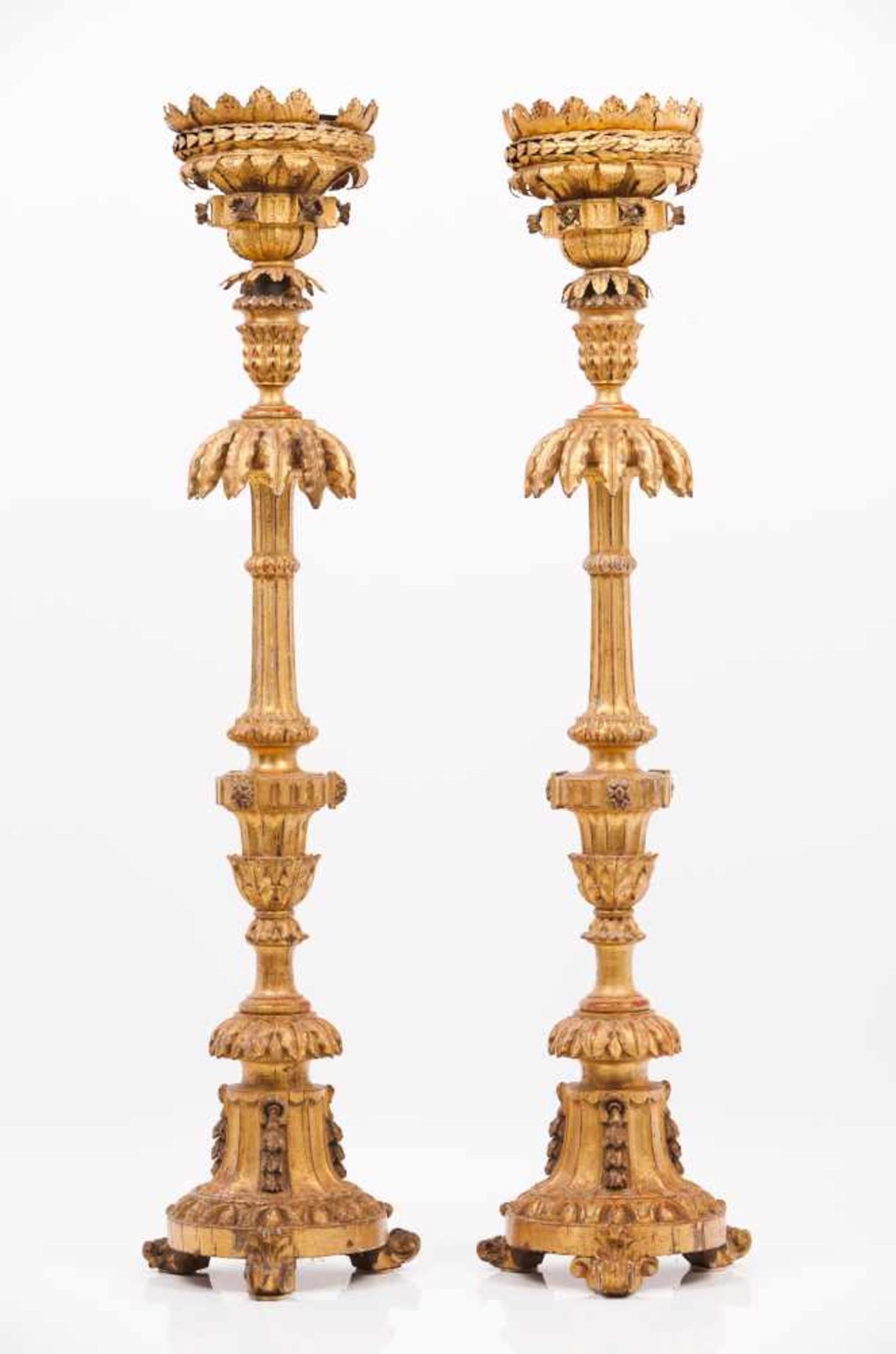 A pair of D.Maria torch-holdersCarved and gilt woodGilt metal drip pansPortugal19th / 20th C.Hight.: