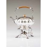 A teapot and standEnglish silverPumpkin shaped body, with carved wooden handle and lid pommel,