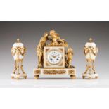 A Jollet & Cie. GarnitureA clock and pair of candlestands / cassolettesWhite marble and gilt