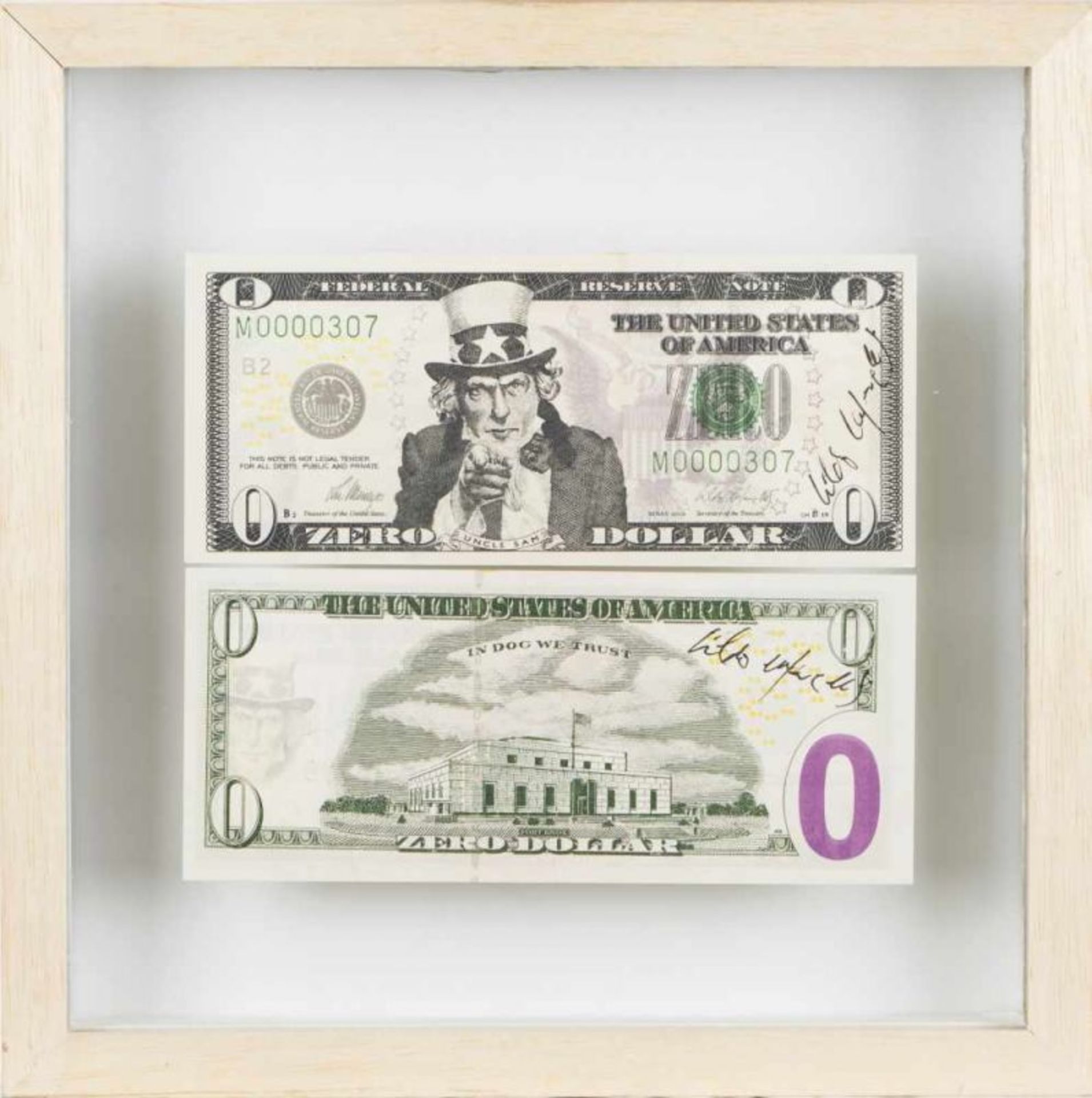 Cildo Meireles (n. 1948)"Zero Dollar"From "Zero Dollars" series (1978-84)Two notesOffset print on